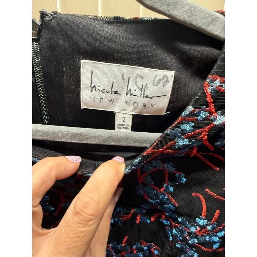Nicole Miller Embroidered Mesh Dress Black Red Blue Sheer Bell Sleeve Cocktail S - Picture 7 of 13